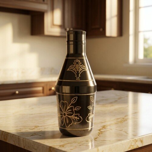 Antique_black_copper_mukhwas_bottle_202607092222 Handcrafted Antique Black Finish Pure Brass Mukhwas Bottle(15 cm / 6 cm) – Golden Engraved Floral Pattern Mouth Freshener Container & Royal Tableware