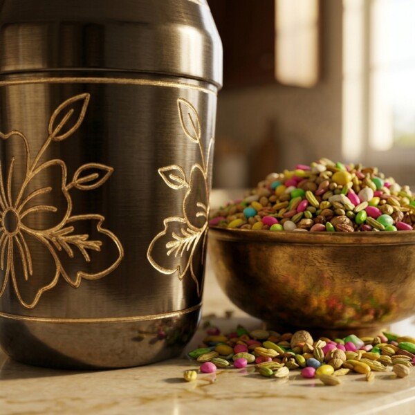 Handcrafted Antique Black Finish Pure Brass Mukhwas Bottle(15 cm / 6 cm) – Golden Engraved Floral Pattern Mouth Freshener Container & Royal Tableware