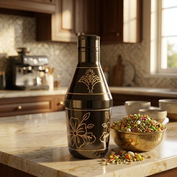 Handcrafted Antique Black Finish Pure Brass Mukhwas Bottle(15 cm / 6 cm) – Golden Engraved Floral Pattern Mouth Freshener Container & Royal Tableware