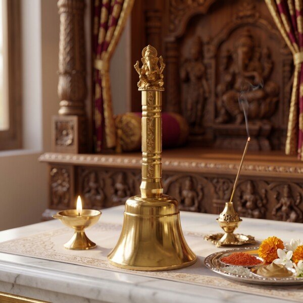 Bell_on_white_marble_platform_202607091701 Handcrafted Pure Brass Ganesha Pooja Hand Bell (12 cm / 4.72 Inches) – Traditional Carved Brass Ghanti with Lord Ganesha Finial Handle