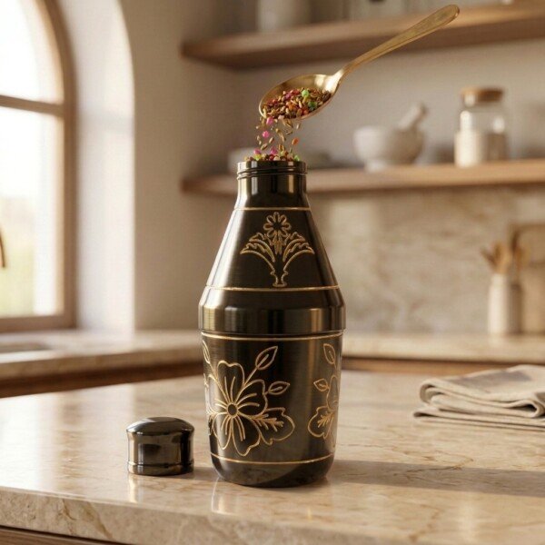 Handcrafted Antique Black Finish Pure Brass Mukhwas Bottle(15 cm / 6 cm) – Golden Engraved Floral Pattern Mouth Freshener Container & Royal Tableware