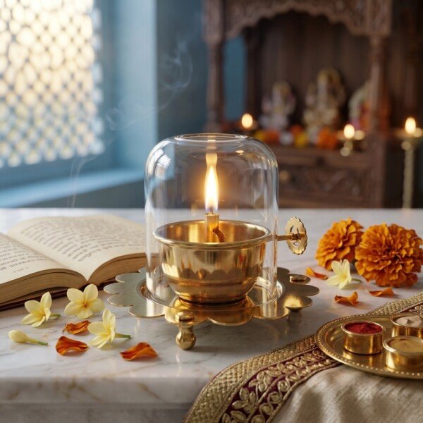 Handcrafted Windproof Pure Brass Akhand Diya with Clear Glass Chimney Cover & Scalloped Saucer Base for Home Mandir & Festive Puja