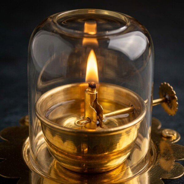 Handcrafted Windproof Pure Brass Akhand Diya with Clear Glass Chimney Cover & Scalloped Saucer Base for Home Mandir & Festive Puja