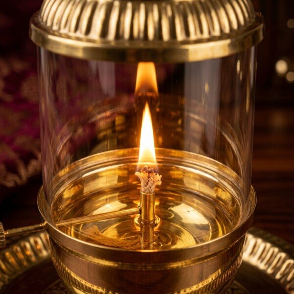 Brass_Akhand_Jyot_Diya_flame_202607121306 Handcrafted Vintage Lantern Style Pure Brass Akhand Diya with Cylindrical Glass Chimney & Fluted Brass Crown Lid