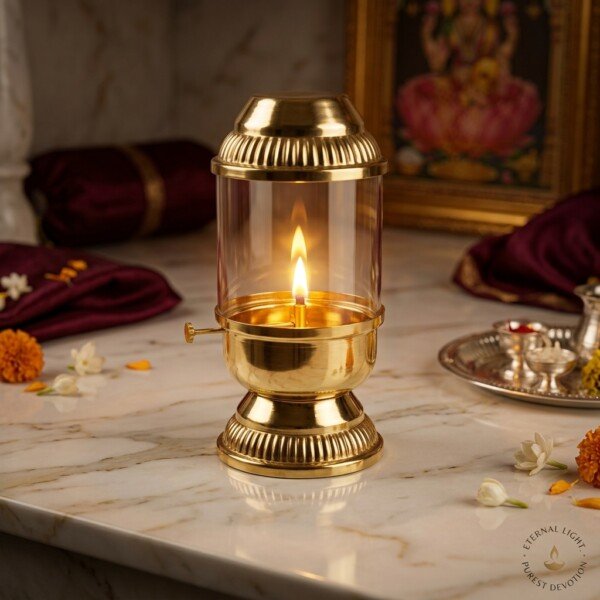 Brass_Akhand_Jyot_Diya_on_202607121306 Handcrafted Vintage Lantern Style Pure Brass Akhand Diya with Cylindrical Glass Chimney & Fluted Brass Crown Lid