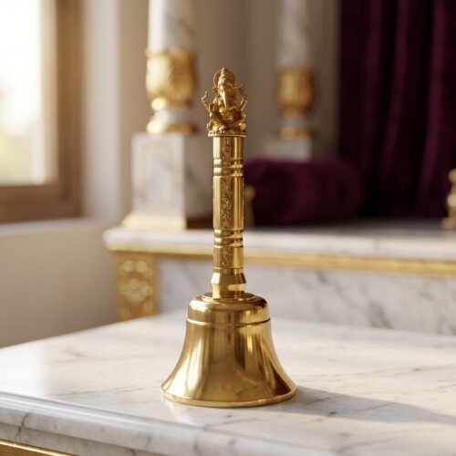 Brass_Ganpati_hand_bell_2K_202607091700 Handcrafted Pure Brass Ganesha Pooja Hand Bell (12 cm / 4.72 Inches) – Traditional Carved Brass Ghanti with Lord Ganesha Finial Handle
