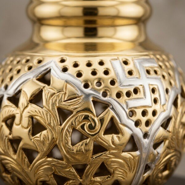 Brass_Garbo_handcrafted_design_r…_202607151125 Handcrafted Dual-Tone Pure Brass Navratri Garbo (7 Inches / 450g) – Gold & Silver Plated Swastik & Floral Cutout Jaali Work