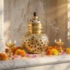 Brass_Garbo_in_marble_temple_202607151125 Handcrafted Dual-Tone Pure Brass Navratri Garbo (7 Inches / 450g) – Gold & Silver Plated Swastik & Floral Cutout Jaali Work