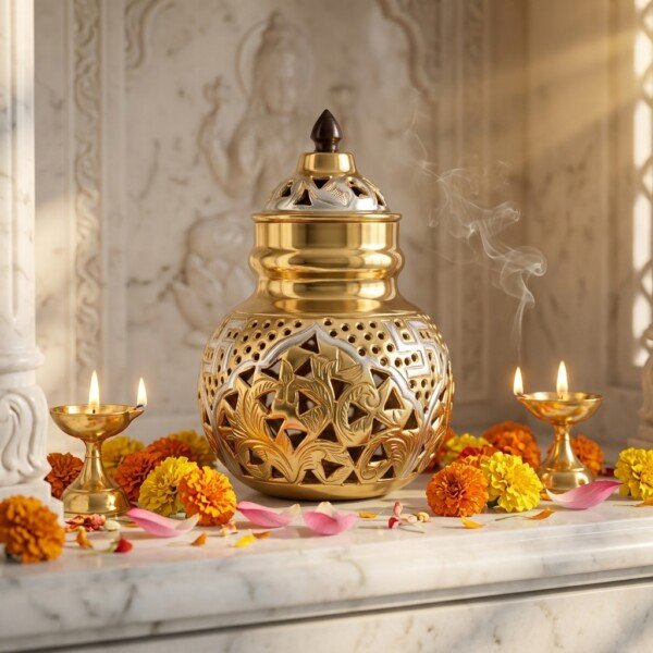 Brass_Garbo_in_marble_temple_202607151125 Handcrafted Dual-Tone Pure Brass Navratri Garbo (7 Inches / 450g) – Gold & Silver Plated Swastik & Floral Cutout Jaali Work