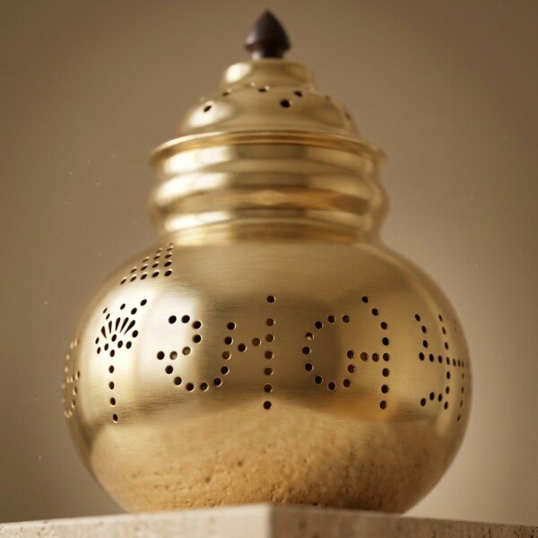 Brass_Garbo_macro_close-up_202607151110 (1) Heritage Pure Brass Navratri Garbo (7 Inches / 450g) – Hand-Perforated "Jay Ambe" Design with Dome Lid