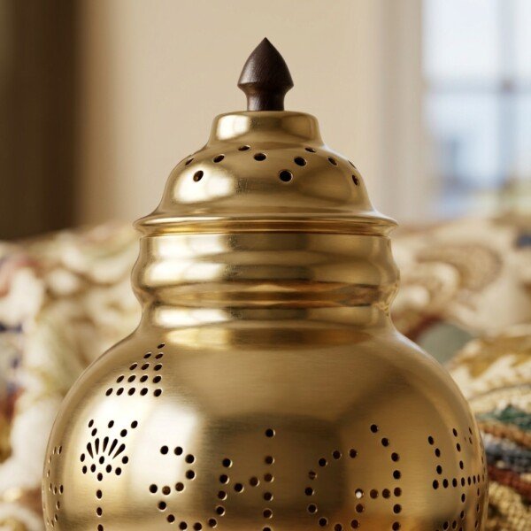 Brass_Garbo_macro_close-up_202607151110 Heritage Pure Brass Navratri Garbo (7 Inches / 450g) – Hand-Perforated "Jay Ambe" Design with Dome Lid