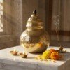 Brass_Garbo_on_marble_platform_202607151110 Heritage Pure Brass Navratri Garbo (7 Inches / 450g) – Hand-Perforated "Jay Ambe" Design with Dome Lid