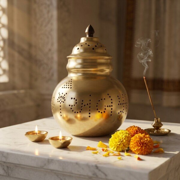 Brass_Garbo_on_marble_platform_202607151110 Heritage Pure Brass Navratri Garbo (7 Inches / 450g) – Hand-Perforated "Jay Ambe" Design with Dome Lid