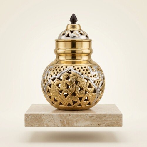 Brass_Garbo_on_marble_podium_202607151125 Handcrafted Dual-Tone Pure Brass Navratri Garbo (7 Inches / 450g) – Gold & Silver Plated Swastik & Floral Cutout Jaali Work