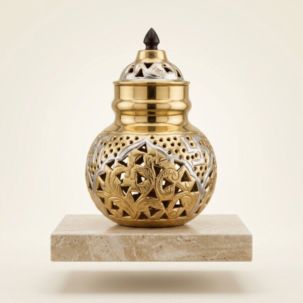 Brass_Garbo_on_marble_podium_202607151125 Handcrafted Dual-Tone Pure Brass Navratri Garbo (7 Inches / 450g) – Gold & Silver Plated Swastik & Floral Cutout Jaali Work