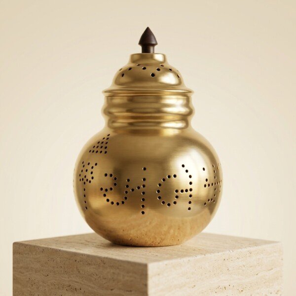 Brass_Garbo_on_travertine_pedestal_202607151110 Heritage Pure Brass Navratri Garbo (7 Inches / 450g) – Hand-Perforated "Jay Ambe" Design with Dome Lid