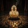 Brass_Garbo_with_burning_diya_202607151125 Handcrafted Dual-Tone Pure Brass Navratri Garbo (7 Inches / 450g) – Gold & Silver Plated Swastik & Floral Cutout Jaali Work