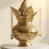 Craft Antique Fine-Engraved Pure Brass Mangal Kalash Set – Featuring Fixed Mango Leaves, Peacock Nariyal Lid & Hanging Ghungroo Chains