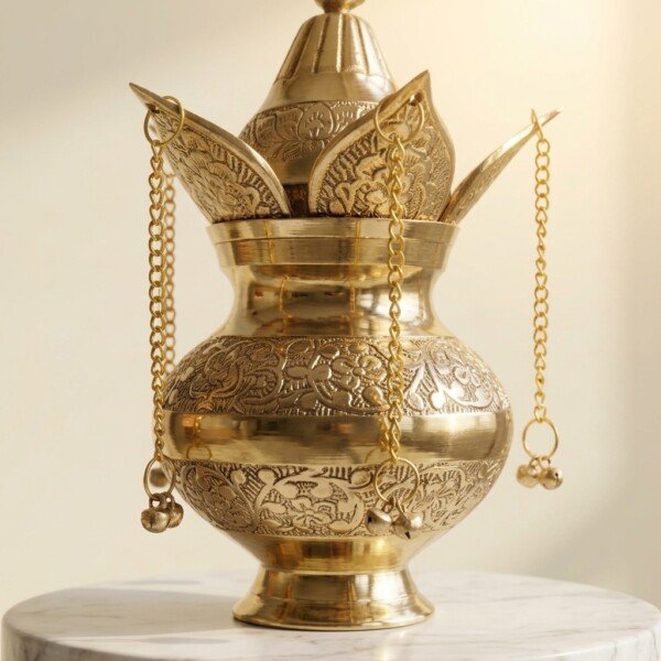 Craft Antique Fine-Engraved Pure Brass Mangal Kalash Set – Featuring Fixed Mango Leaves, Peacock Nariyal Lid & Hanging Ghungroo Chains