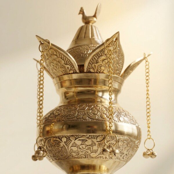 Craft Antique Fine-Engraved Pure Brass Mangal Kalash Set – Featuring Fixed Mango Leaves, Peacock Nariyal Lid & Hanging Ghungroo Chains