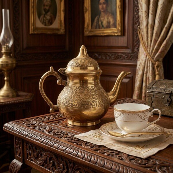 Brass_Kettle_on_wooden_table_202607121034 Royal Handcrafted Pure Brass Tea Kettle (Teapot / Ketli) – Vintage Antique Finish with Intricate Peacock & Floral Engravings, Curved Handle & Dome Lid