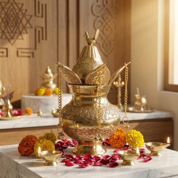 Craft Antique Fine-Engraved Pure Brass Mangal Kalash Set – Featuring Fixed Mango Leaves, Peacock Nariyal Lid & Hanging Ghungroo Chains