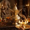 Craft Antique Fine-Engraved Pure Brass Mangal Kalash Set – Featuring Fixed Mango Leaves, Peacock Nariyal Lid & Hanging Ghungroo Chains
