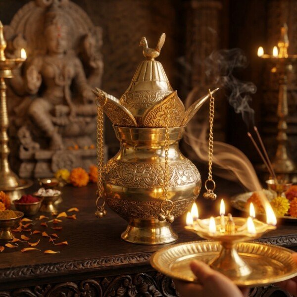 Craft Antique Fine-Engraved Pure Brass Mangal Kalash Set – Featuring Fixed Mango Leaves, Peacock Nariyal Lid & Hanging Ghungroo Chains