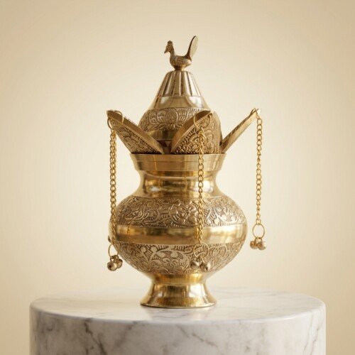 Craft Antique Fine-Engraved Pure Brass Mangal Kalash Set – Featuring Fixed Mango Leaves, Peacock Nariyal Lid & Hanging Ghungroo Chains