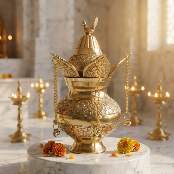 Craft Antique Fine-Engraved Pure Brass Mangal Kalash Set – Featuring Fixed Mango Leaves, Peacock Nariyal Lid & Hanging Ghungroo Chains
