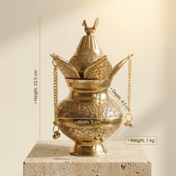 Craft Antique Fine-Engraved Pure Brass Mangal Kalash Set – Featuring Fixed Mango Leaves, Peacock Nariyal Lid & Hanging Ghungroo Chains