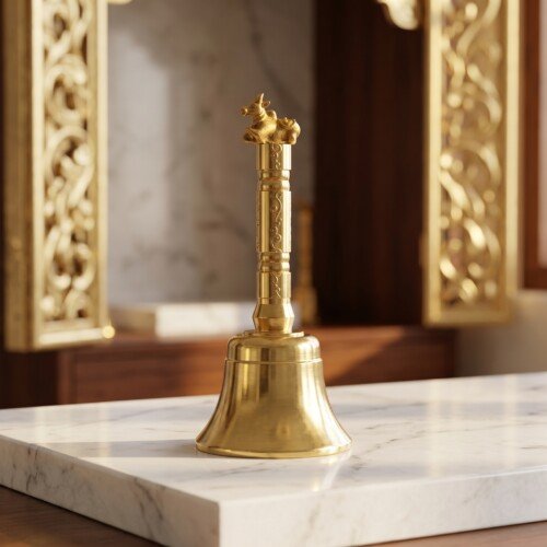 Brass_Nandi_hand_bell_temple_202607091710 Handcrafted Pure Brass Nandi Pooja Hand Bell (12 cm / 4.72 Inches) – Traditional Carved Brass Ghanti with Nandi Finial Handle