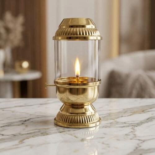 Brass_diya_on_marble_202607121306 Handcrafted Vintage Lantern Style Pure Brass Akhand Diya with Cylindrical Glass Chimney & Fluted Brass Crown Lid