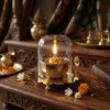 Handcrafted Windproof Pure Brass Akhand Diya with Clear Glass Chimney Cover & Scalloped Saucer Base for Home Mandir & Festive Puja