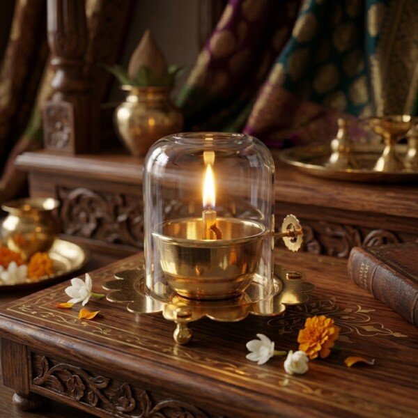 Handcrafted Windproof Pure Brass Akhand Diya with Clear Glass Chimney Cover & Scalloped Saucer Base for Home Mandir & Festive Puja