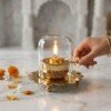 Handcrafted Windproof Pure Brass Akhand Diya with Clear Glass Chimney Cover & Scalloped Saucer Base for Home Mandir & Festive Puja