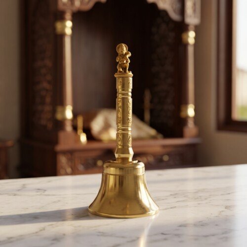 Handcrafted Pure Brass Hanuman Pooja Hand Bell (12 cm / 4.72 Inches) – Traditional Carved Brass Ghanti with Lord Hanuman Finial Handle
