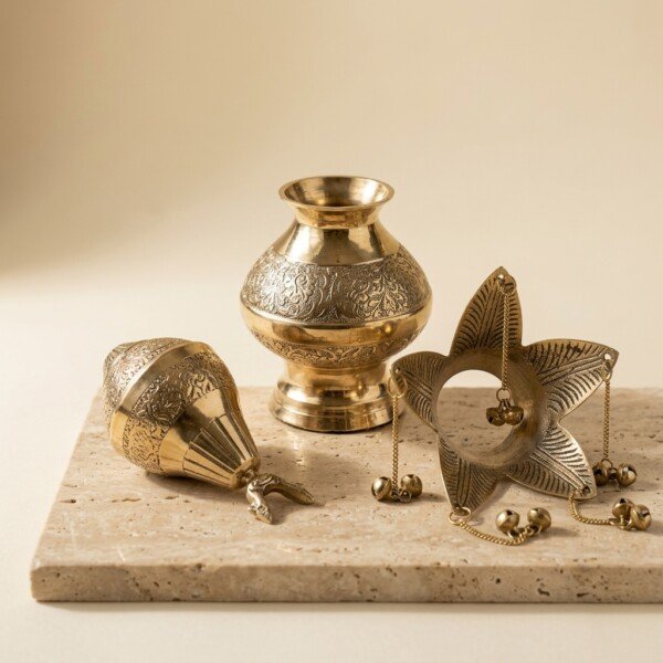 Craft Antique Fine-Engraved Pure Brass Mangal Kalash Set – Featuring Fixed Mango Leaves, Peacock Nariyal Lid & Hanging Ghungroo Chains