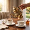 Brass_kettle_beside_cups_202607121054 Royal Handcrafted Pure Brass Tea Kettle (Teapot / Ketli) – Vintage Antique Finish with Floral Relief Engravings, Swan Spout & Pedestal Base