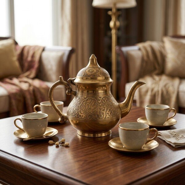 Brass_kettle_on_walnut_table_202607121033 Royal Handcrafted Pure Brass Tea Kettle (Teapot / Ketli) – Vintage Antique Finish with Intricate Peacock & Floral Engravings, Curved Handle & Dome Lid
