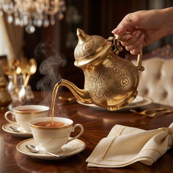 Brass_kettle_pouring_tea_202607121033 Royal Handcrafted Pure Brass Tea Kettle (Teapot / Ketli) – Vintage Antique Finish with Intricate Peacock & Floral Engravings, Curved Handle & Dome Lid