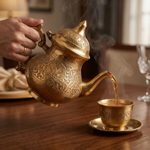 Brass_kettle_pouring_tea_cup_202607121033 Royal Handcrafted Pure Brass Tea Kettle (Teapot / Ketli) – Vintage Antique Finish with Intricate Peacock & Floral Engravings, Curved Handle & Dome Lid