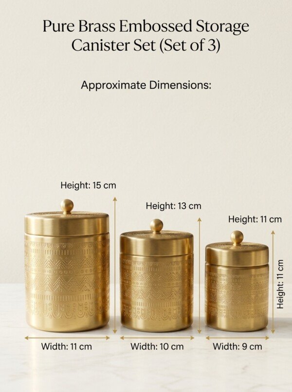 Brass_storage_canister_dimension…_202607232055 Luxury Handcrafted Pure Brass Kitchen Canister Jars (Set of 3 - Small, Medium, Large) – Matte Gold Finish with Traditional Geometric Relief Engravings & Ball Knob Lids