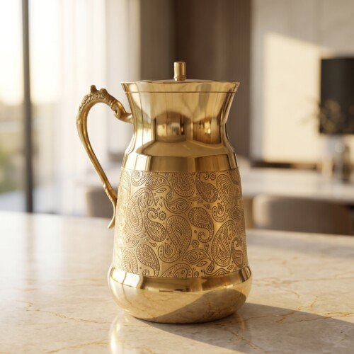 Brass_water_jug_engraved_paisley_202607101017 Hira Craft Royal Paisley Engraved Pure Brass Water Pitcher with Brass Lid (1.5 Liters) – Royal Vintage Handle