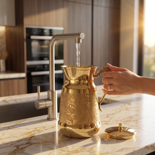Brass_water_jug_filled_purifier_202607101017 Hira Craft Royal Paisley Engraved Pure Brass Water Pitcher with Brass Lid (1.5 Liters) – Royal Vintage Handle