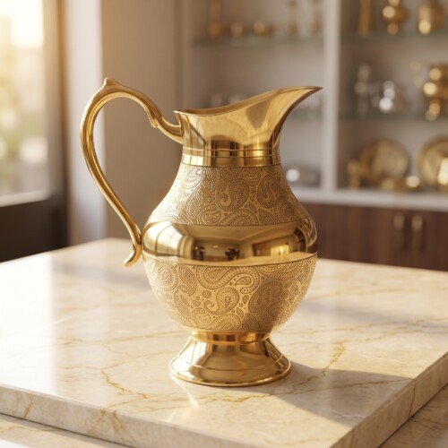 Brass_water_jug_on_marble_202607101045 Hira Craft Heritage Paisley Engraved Pure Brass Water Jug (1 Liter) – Premium Polished Finish