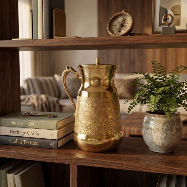 Brass_water_jug_on_shelf_202607101017 Hira Craft Royal Paisley Engraved Pure Brass Water Pitcher with Brass Lid (1.5 Liters) – Royal Vintage Handle