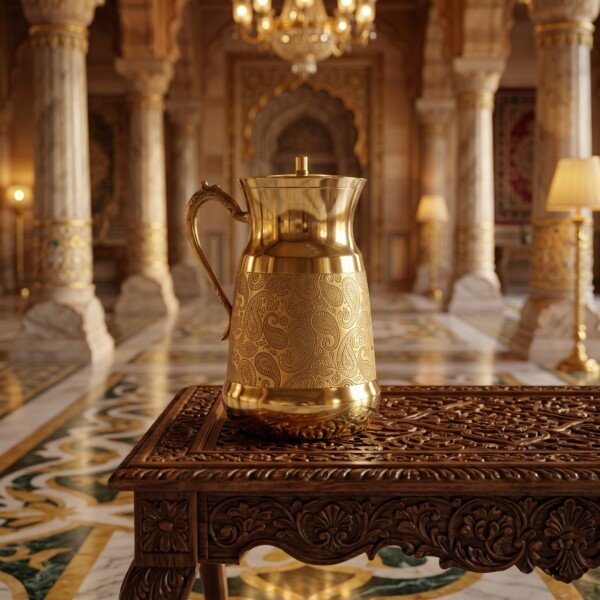 Brass_water_jug_on_wooden_202607101017 Hira Craft Royal Paisley Engraved Pure Brass Water Pitcher with Brass Lid (1.5 Liters) – Royal Vintage Handle