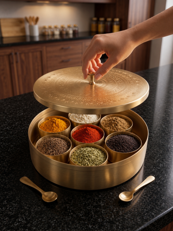 ChatGPT Image Jul 23, 2026, 10_48_16 PM Handcrafted Pure Brass Masala Dabba (Masaliyu) – Royal Spice Box Set with 7 Inner Cups, Engraved Lid & Brushed Matte Gold Finish