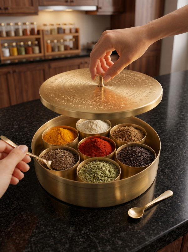 ChatGPT Image Jul 23, 2026, 10_48_23 PM Handcrafted Pure Brass Masala Dabba (Masaliyu) – Royal Spice Box Set with 7 Inner Cups, Engraved Lid & Brushed Matte Gold Finish